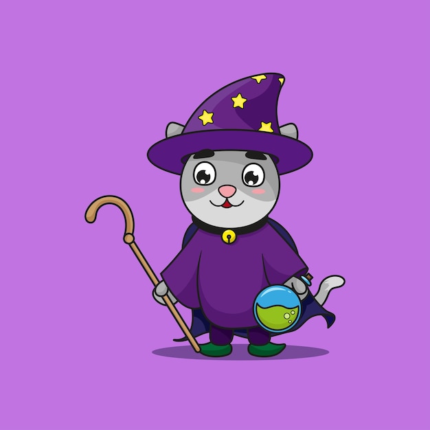 witch cat holding magic wand and magic potion