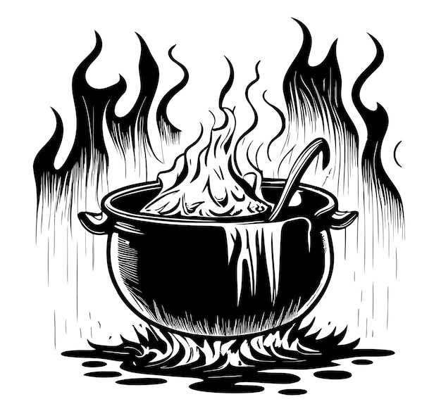 Witch cauldron on firein forest hand drawn sketch halloween vector illustration