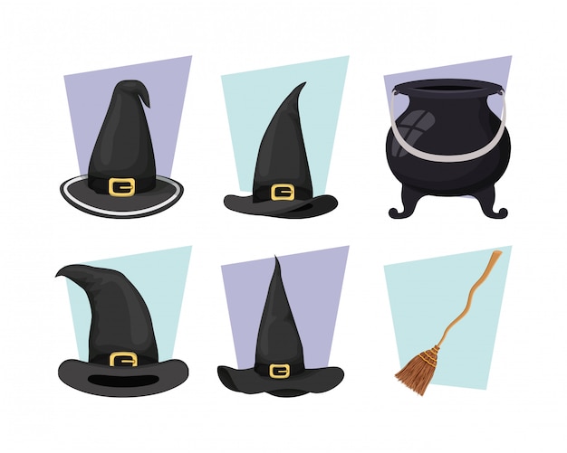 Witch cauldron and hat with broom icons