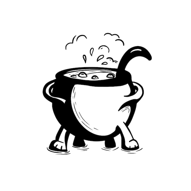 Witch Cauldron with potion. Hand drawn ink illustration of Cauldron. Halloween element or sticker.