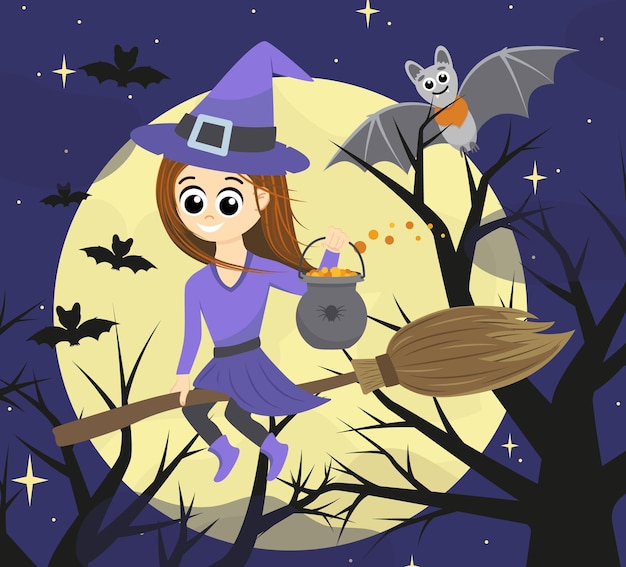 Witch Cheerful witch is flying on broom Halloween Cartoon flat vector