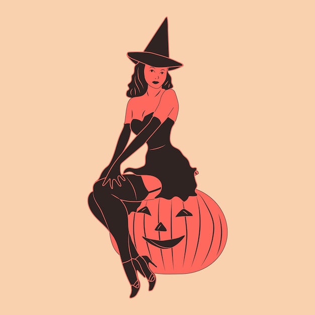 Witch Cute ladies Pinup retro style Halloween costume concept Hand drawn modern Vector