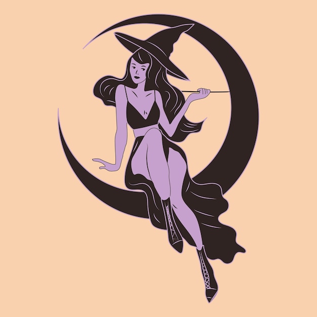 Witch Cute ladies Pinup retro style Halloween costume concept Hand drawn modern Vector