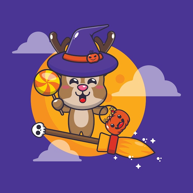 Witch deer fly with broom in halloween night. Cute halloween cartoon illustration.