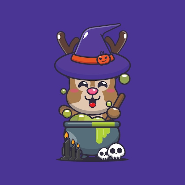 Witch deer making potion in halloween day. Cute halloween cartoon illustration.