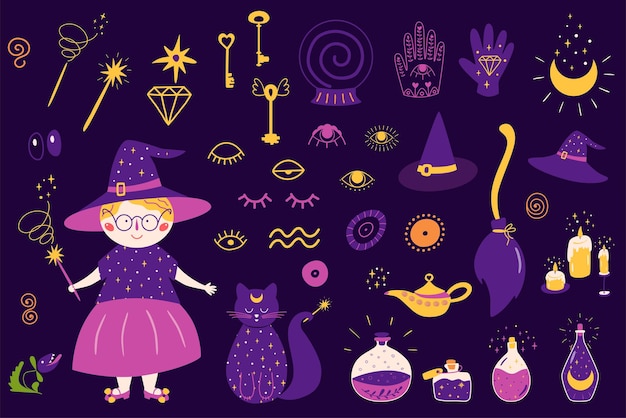 Witch elements set Magic set Halloween witchcraft elements isolated icons Cartoon witch hat potion key eyes cat hand broom alchemy mystery objects candles Helloween vector illustration