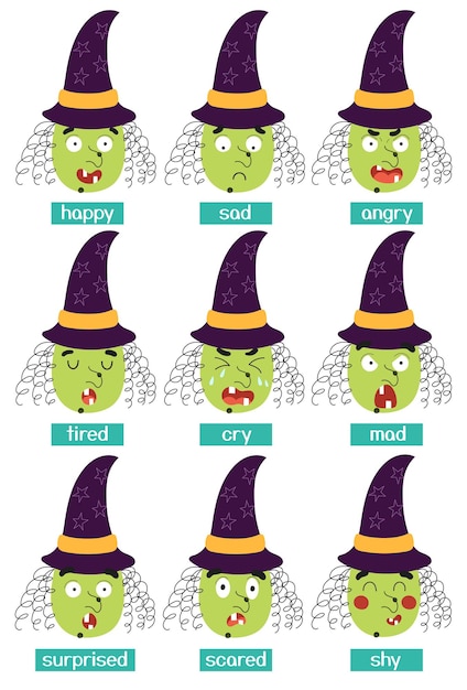 Witch emotions set Big set of cartoon faces Halloween character expressing emotions collection