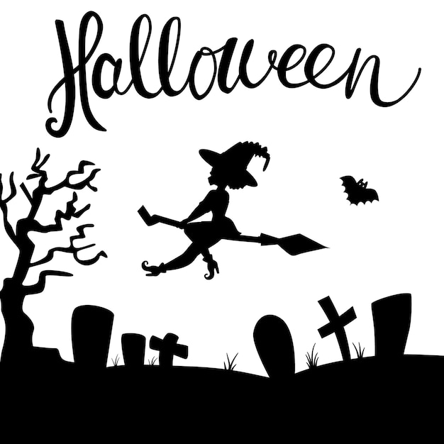 The witch flies on a broom over the cemetery Halloween holiday concept