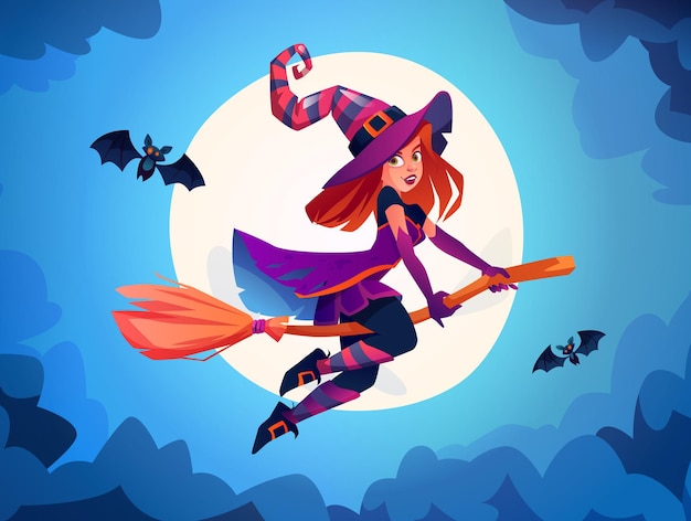 Witch flying on broomstick against full moon light wizard wearing costume lady with bats halloween