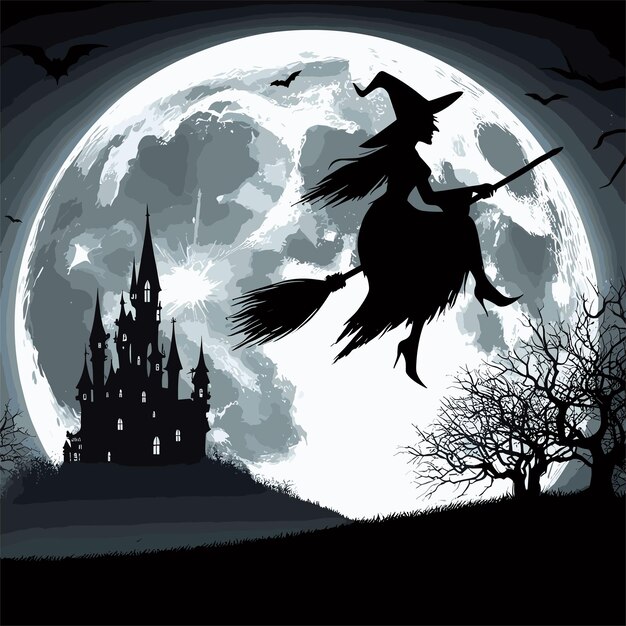 Vector a witch flying over a castle with a silhouette silhouette of a witch riding a broomstick across a f