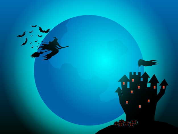 Vector witch flying with bats and full moon in halloween night cartoon  illustration