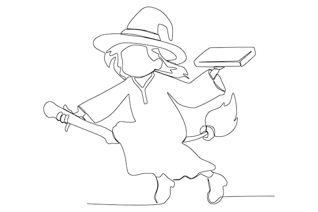 A witch flying with a broomstick and the spell book one line art