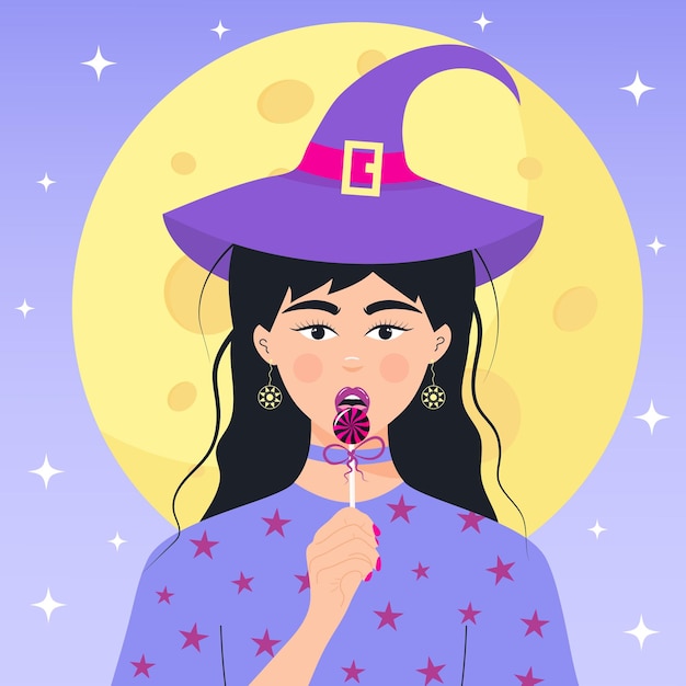 Witch girl in a Halloween hat with lollipop Beautiful Halloween female character opposite the moon