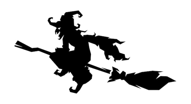 Witch, hag silhouette flying with magic broom isolated on white background vector illustration.