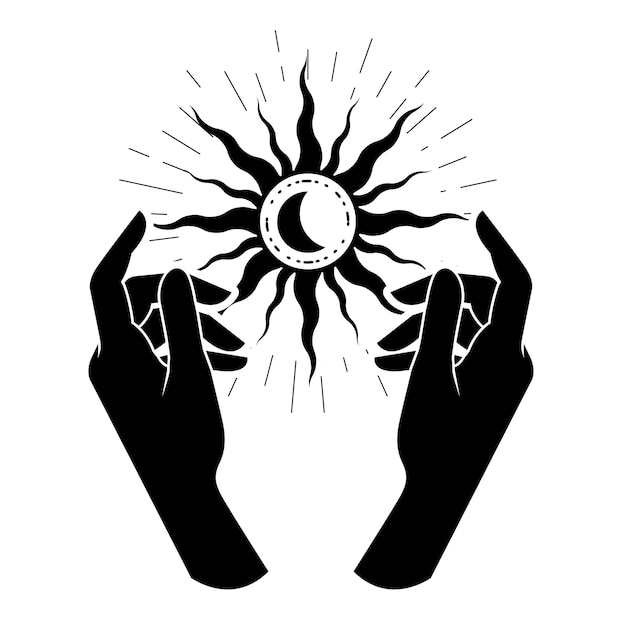 Witch hands hold sun black star with moon occultism and esoteric practice mystical spells and witchcraft vector