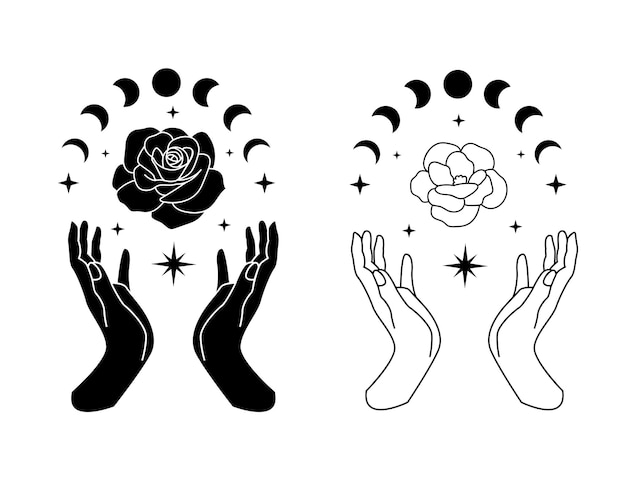 witch hands with moon phase and flowers