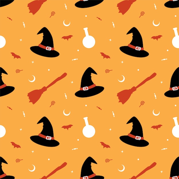 witch hat broom with flying bat and moon seamless pattern vector illustration halloween theme background