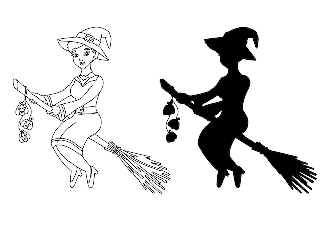 Witch in a hat flies on a broomstick Coloring book page for kids Cartoon style character Halloween theme