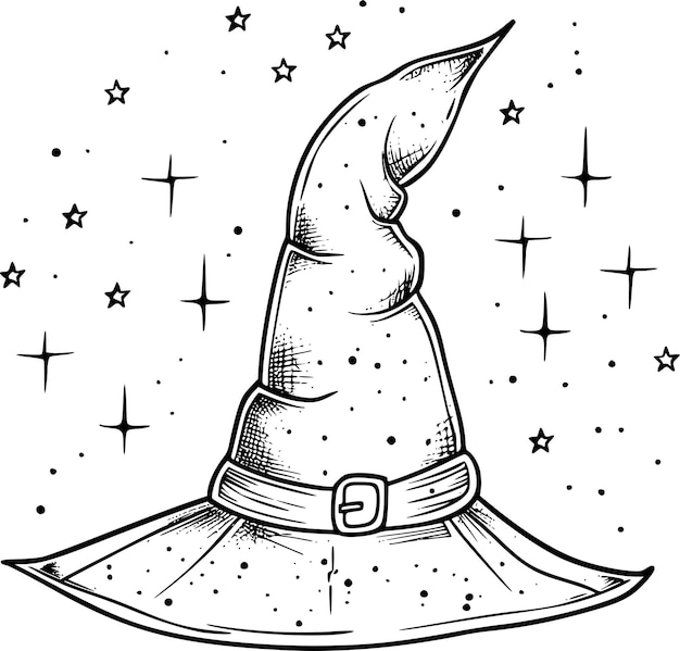 Vector witch hat halloween vector wizard icon witch cap black line magic sketch illustration haloween