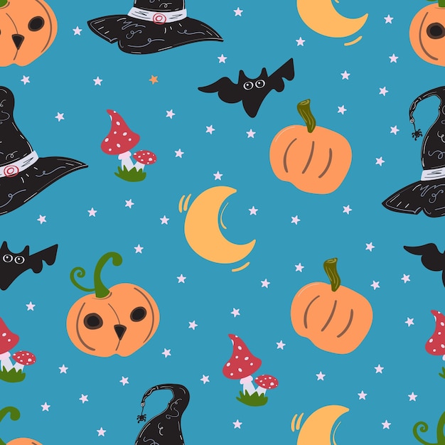 Witch hat for happy Halloween and ripe orange pumpkin background pattern cartoon