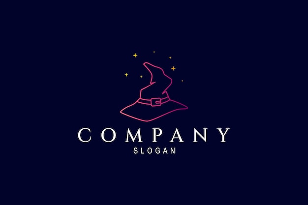 Witch hat logo in line art style with stars decoration purple gradient color and deep blue background