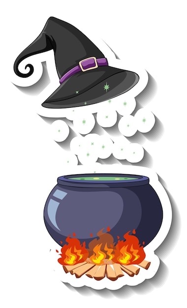 Witch hat and potion pot on white background