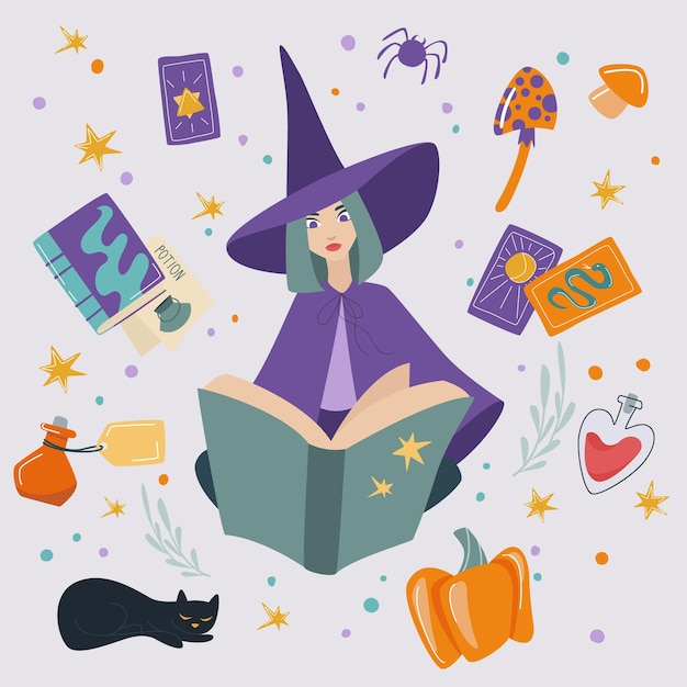 A witch in a hat reads a spell from a magic book. She is surrounded by magical objects tarot cards black cat potion poisonous mushrooms. Light background. Vector illustration.