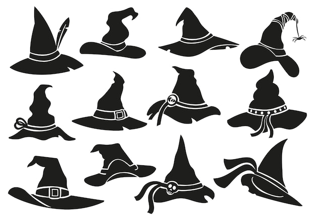 Witch hat stencil icons Halloween sorceress cap wizard hat silhouette and spooky scary masquerade hats vector set