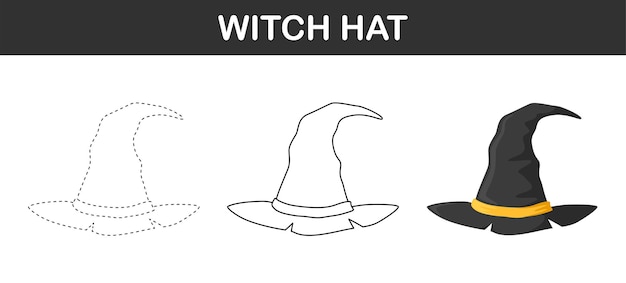 Witch Hat tracing and coloring worksheet for kids