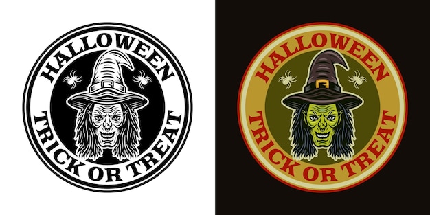 Witch head halloween round emblem two styles black on white and colorful on dark background vector illustration