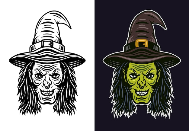 Witch head in two styles black on white and colored on dark background vector illustration