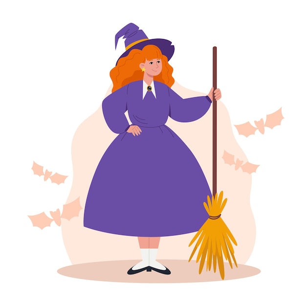 Vector witch holds a broom in her hand, halloween character isolated element