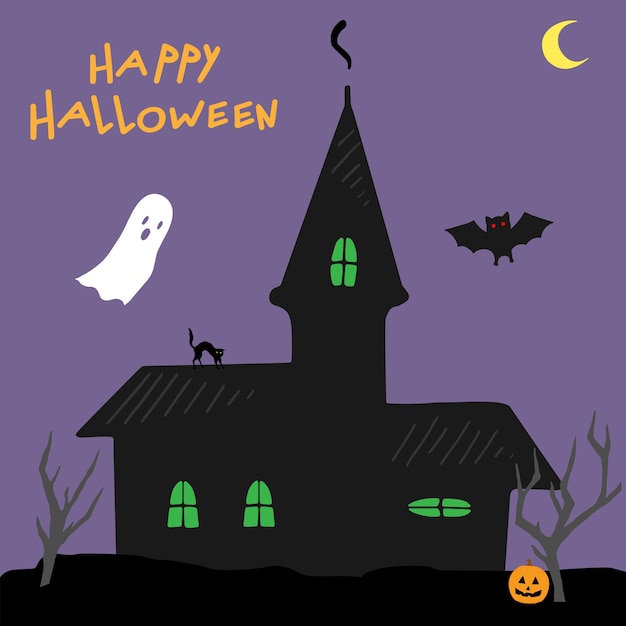 Witch house silhouette on purple background Halloween elements