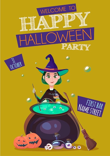 The witch is brewing a potion by the cauldron Halloween party poster