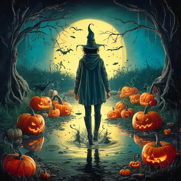 a witch is standing in a pond with pumpkins and pumpkins