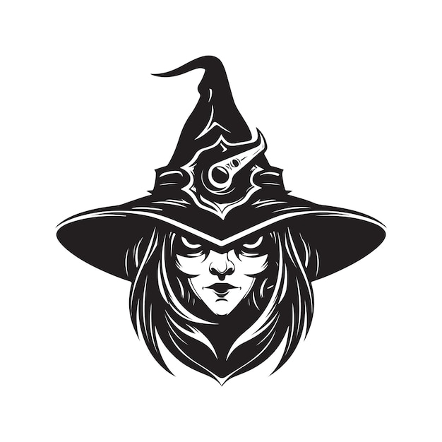 Witch logo concept black and white color hand drawn illustration