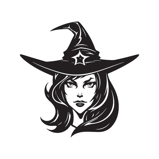 Witch logo concept black and white color hand drawn illustration