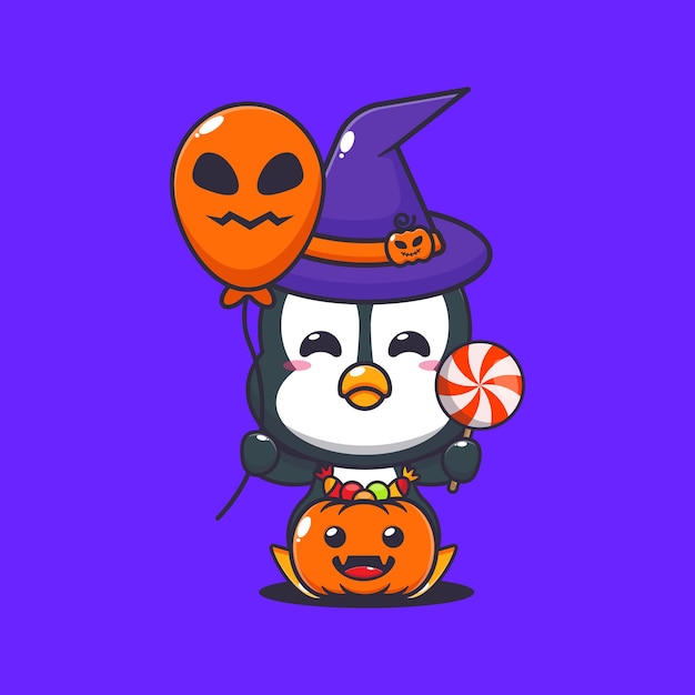 witch penguin holding halloween balloon and candy