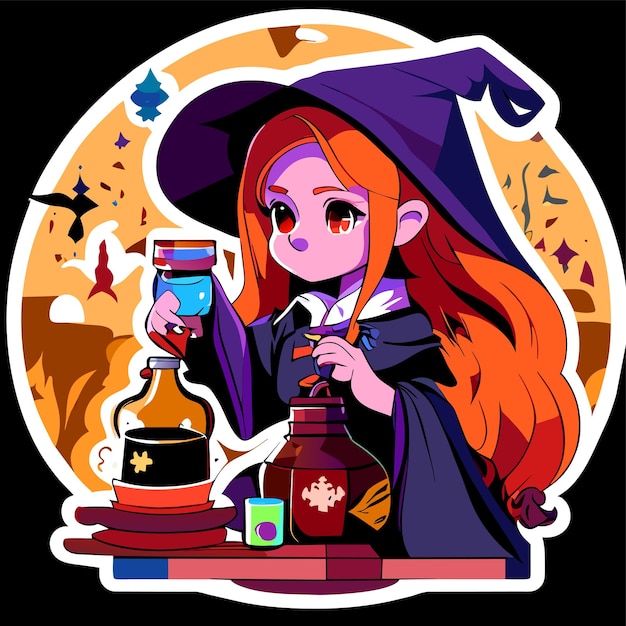 Witch preparing a potion hand drawn cartoon sticker icon concept isolated illustration