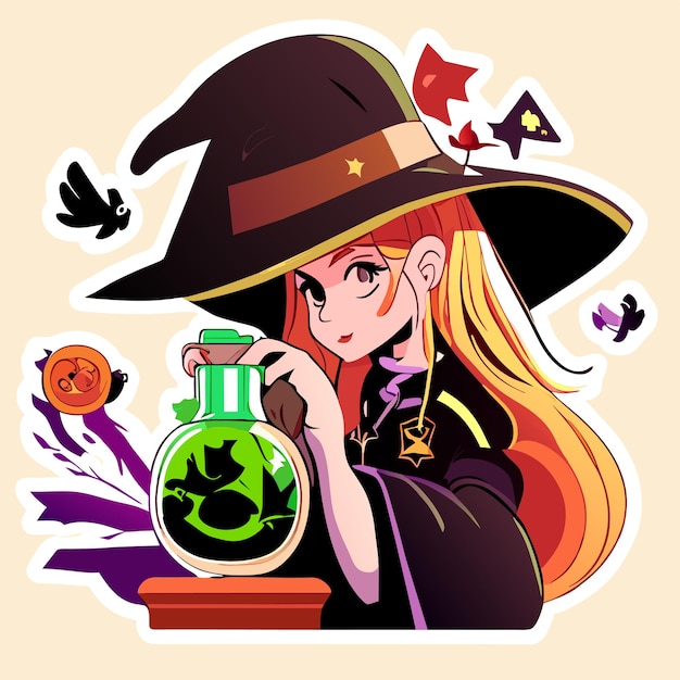 Witch preparing a potion hand drawn cartoon sticker icon concept isolated illustration