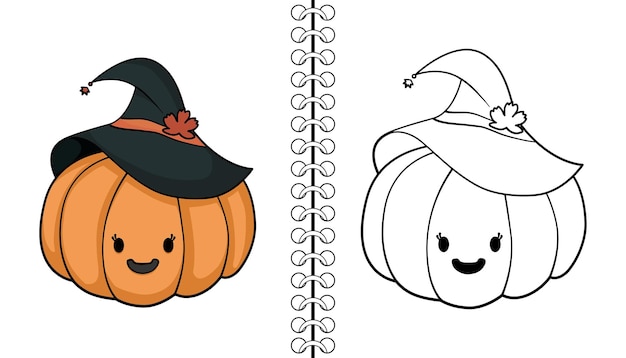 Witch Pumpkin. Coloring book outline and doodle cute pumpkin characters. Halloween trick or treat.