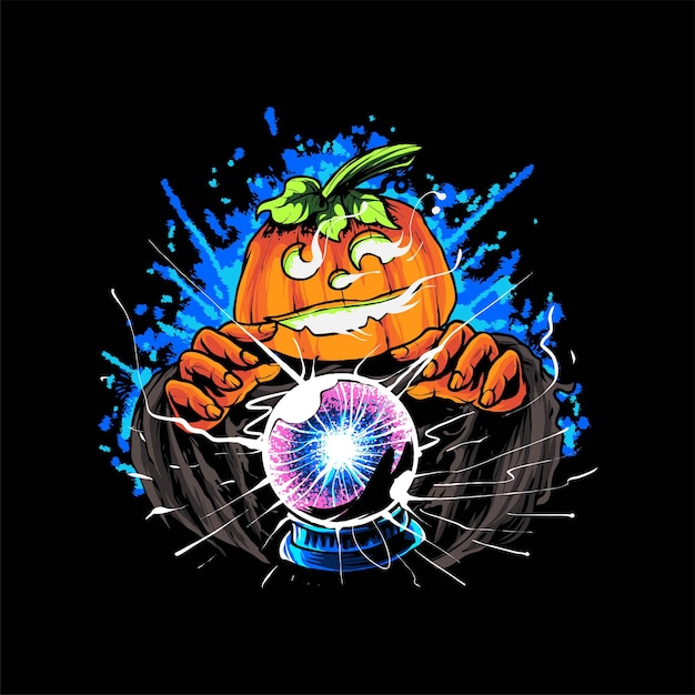 Witch Pumpkin with plasma ball Illustration, Suitable for t-shirt, Apparel, Print and Merchandise Products