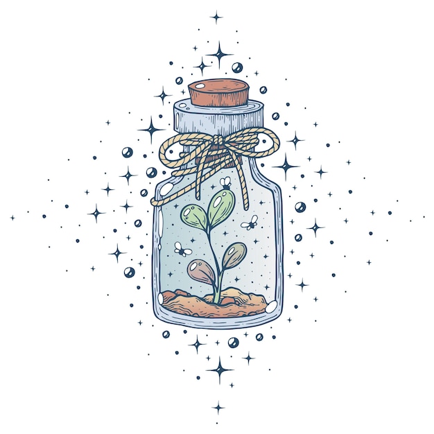 A witch's bottle with a potion with a vegetable