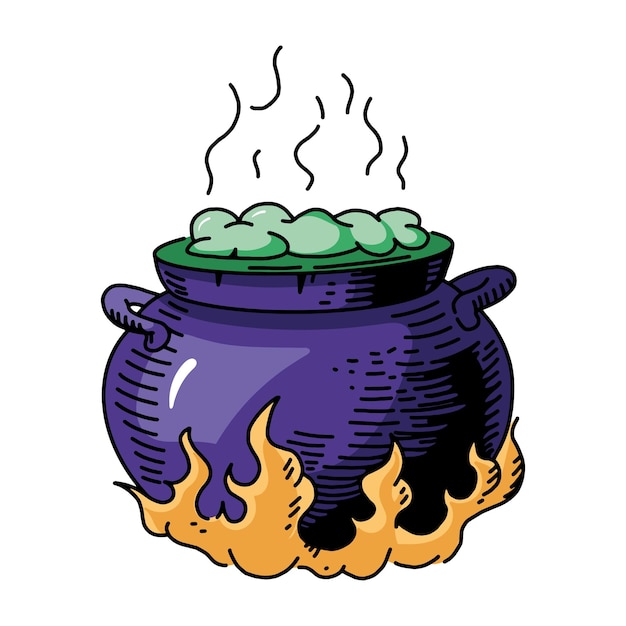 Witch's cauldron potion cauldron element in cartoon style halloween sketch