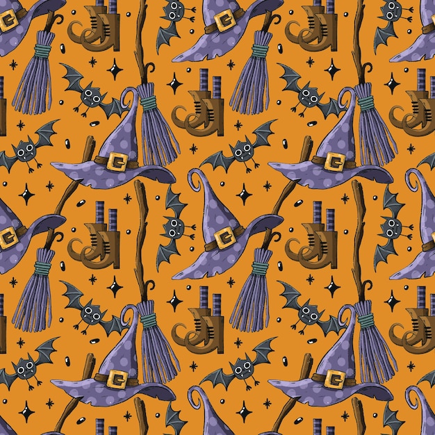 Witch's hat, broom and boots seamless pattern Halloween wallpaper on orange background