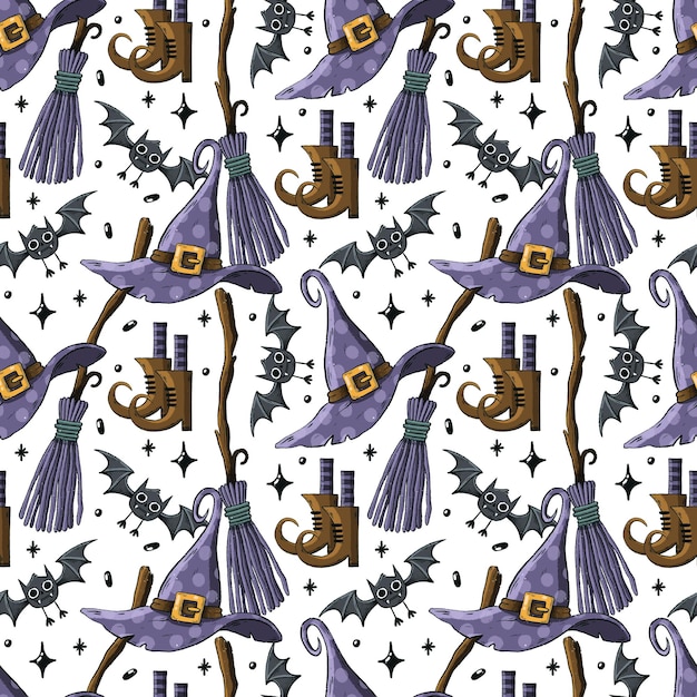 Witch's hat, broom and boots seamless pattern Halloween wallpaper