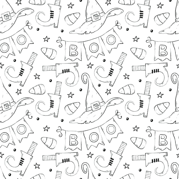 Witch's hat, garland and boots seamless pattern Halloween wallpaper black contour