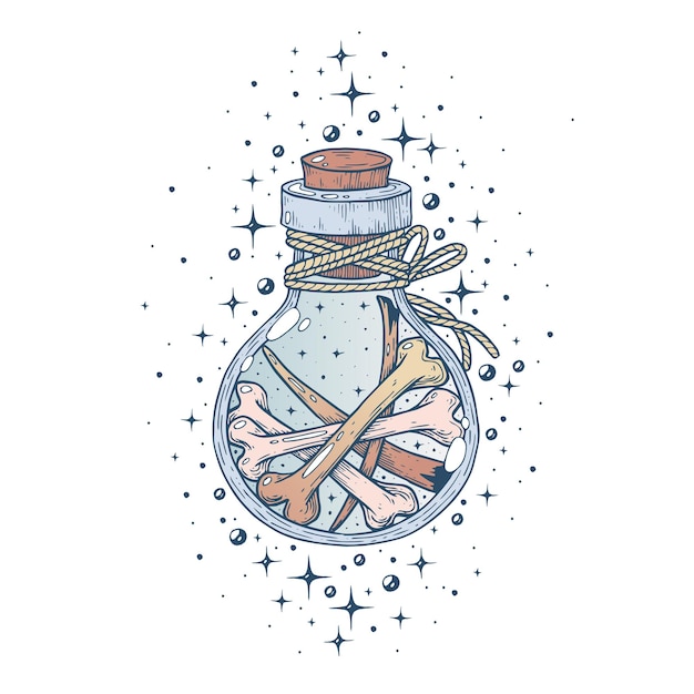 A witch's potion bottle, with bones.