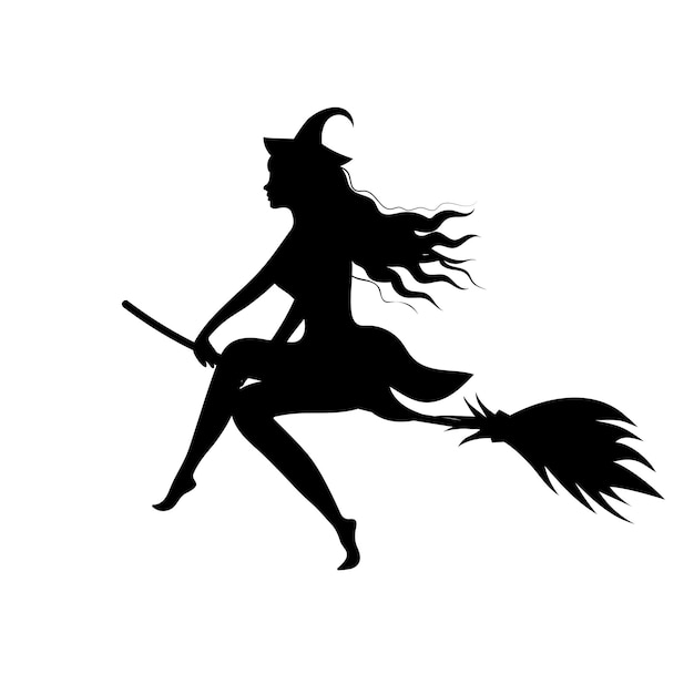 Witch silhouette flying on a broom. Halloween magic icon. Vector illustration.