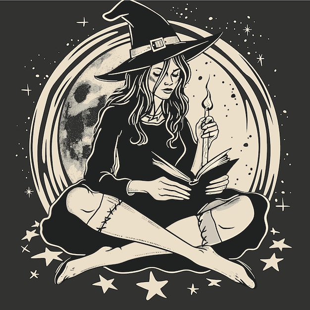 Vector a witch sits on a moon with a book in her hand